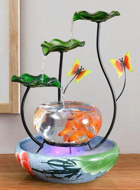 桌面小型金鱼缸玻璃圆形创意循环自动流水喷泉摆件装饰客厅加湿器