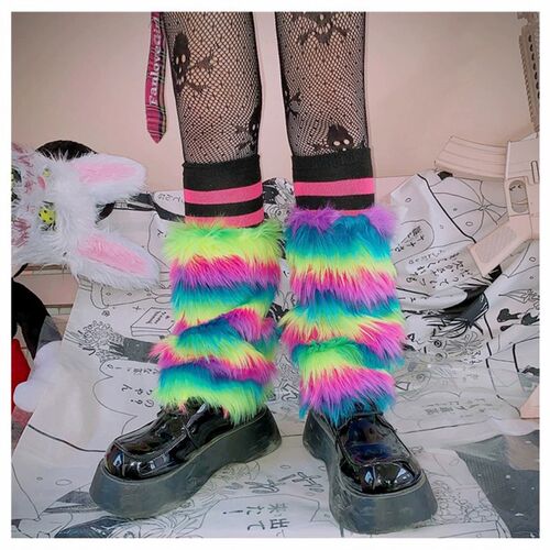 极速Furry Leg Warmers Y2K Goth White Faux Fur Leg Warmers Bo