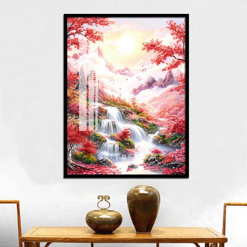 鸿运当头风景钻石画2025新款手工点贴钻十字绣客厅卧室枫树瀑布
