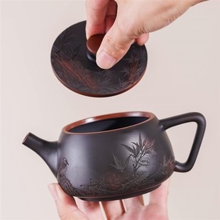 云南建水紫陶手工汉瓦茶壶竹刻悬停提转凤鸣茶壶原矿泥料茶具套装