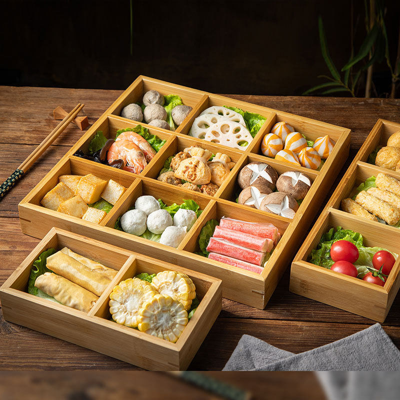 BK9K 竹木九宫格火锅拼盘配菜盘调料小吃食材分格特色长方托盘