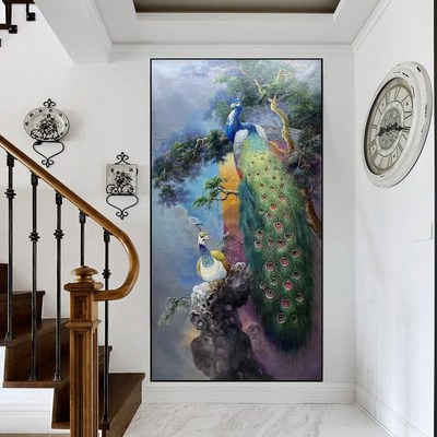 手绘油画新中式孔雀玄关装饰画入户正对门挂画双雀呈祥高端壁画