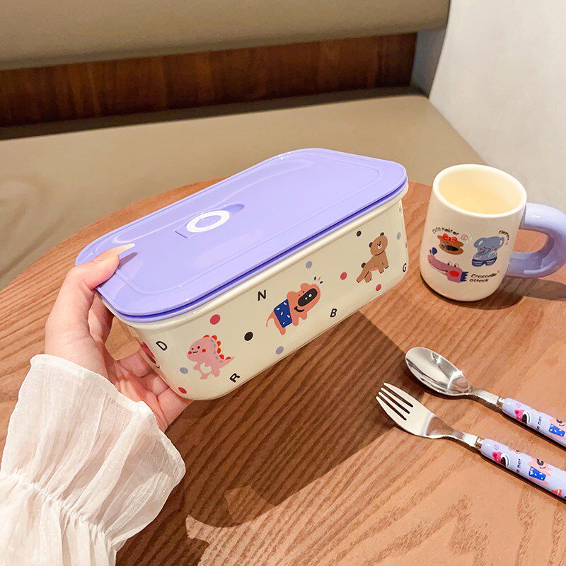卡通陶瓷饭盒微波炉加热分格保鲜盒上班族学生专用密封水果便当盒