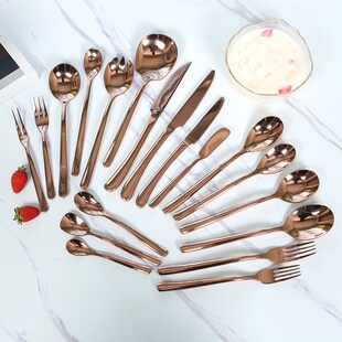法国月光镜面玫瑰金不锈钢牛排刀叉勺四件套西餐餐具筷子汤勺套装
