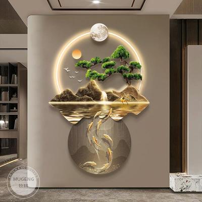 定做新中灯玄关装饰入画户正对墙门水挂画客厅式九图鱼山壁画走廊