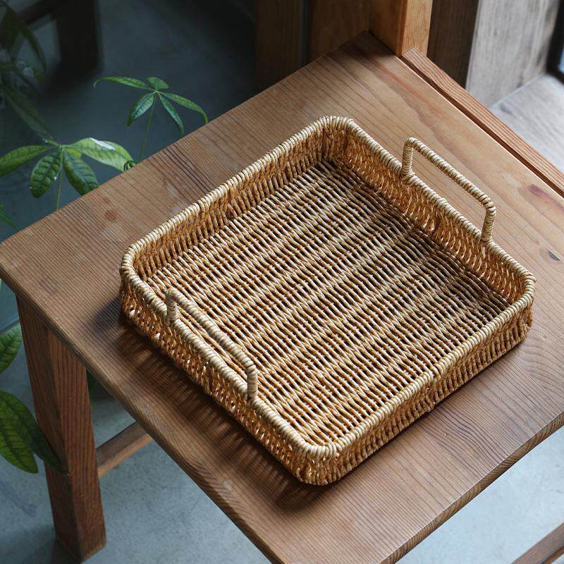 北欧托盘茶几水果盘仿藤面包收纳篮子提手长方形碗碟餐具沥水盘