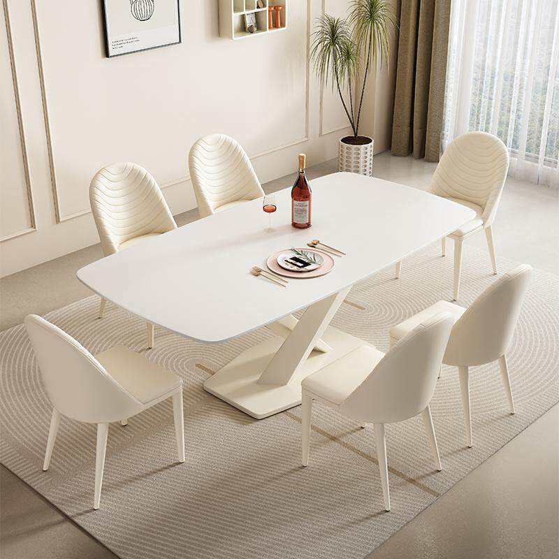 白色奶油风岩板餐桌椅组合现代简约小户型客厅家用长方形吃饭桌子
