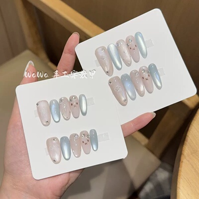 冰透蓝猫眼闪钻手工穿戴甲