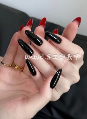 手工穿戴甲欧美拽姐CL黑色红底高跟鞋美甲御姐萝卜丁双面指甲贴片