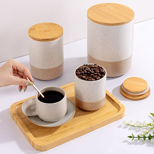 陶瓷茶叶罐防潮家用大容量咖啡杂粮储存罐实木盖子厨房收纳密封罐