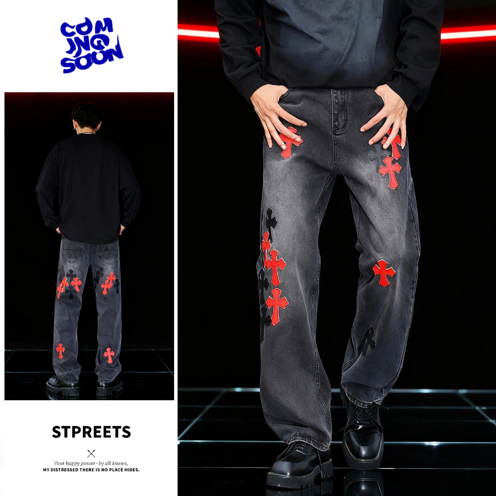 KAPOK2025秋冬新款美式高街牛仔裤男款十字架绣花直筒裤子休闲阔