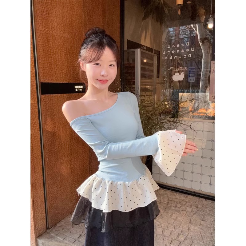 甜美风长袖斜肩蓝色T恤女春季法式波点打底衫内搭蕾丝裙摆上衣服