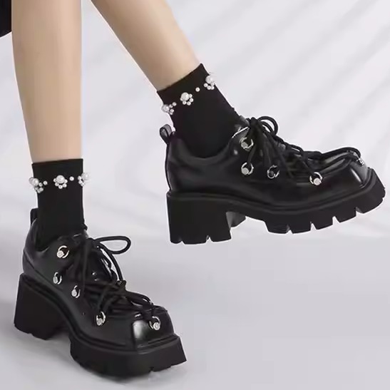 大码女鞋35-43系带高跟小皮鞋2024新款复古方头厚底一脚蹬乐福鞋