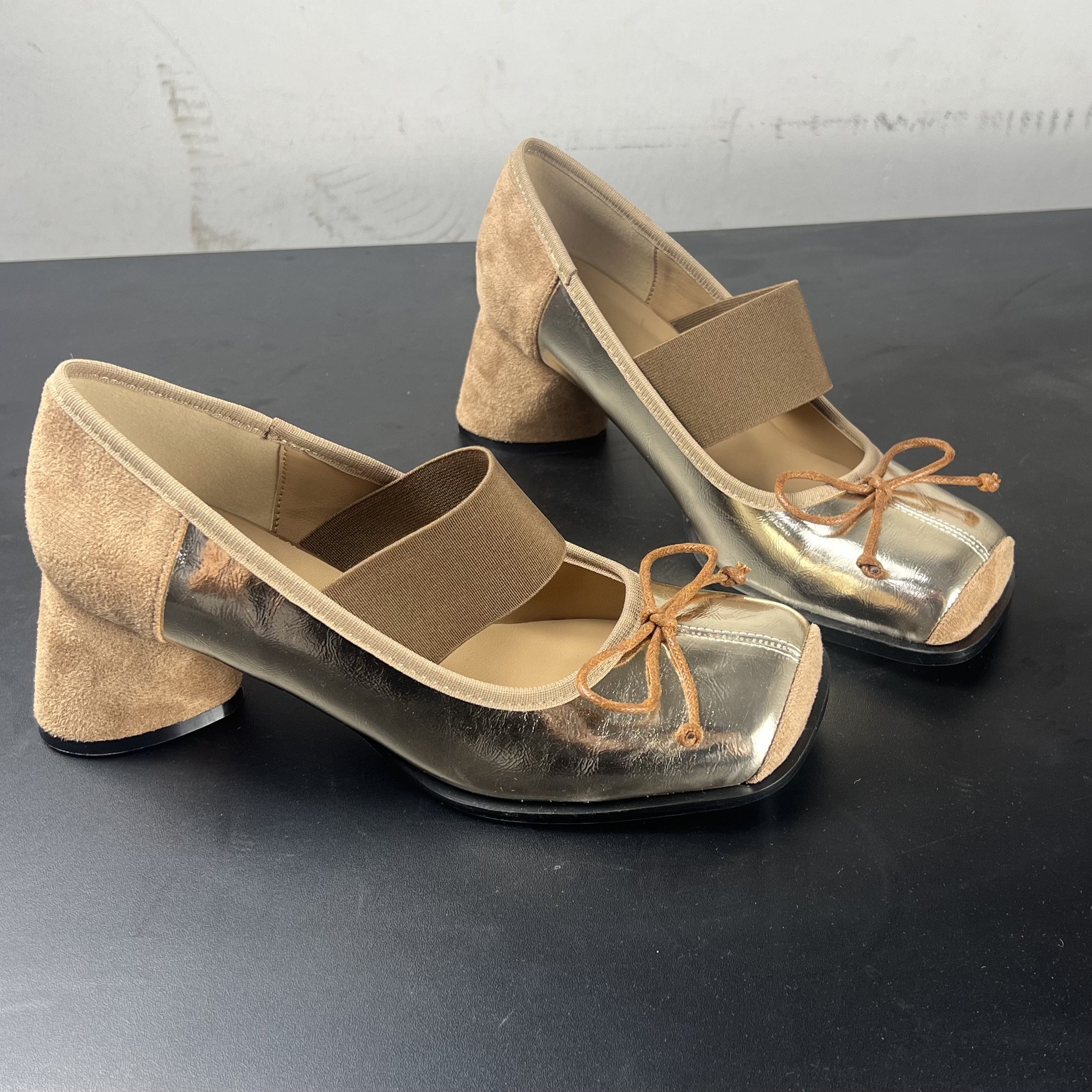 拼色方头粗跟蝴蝶结玛丽珍鞋