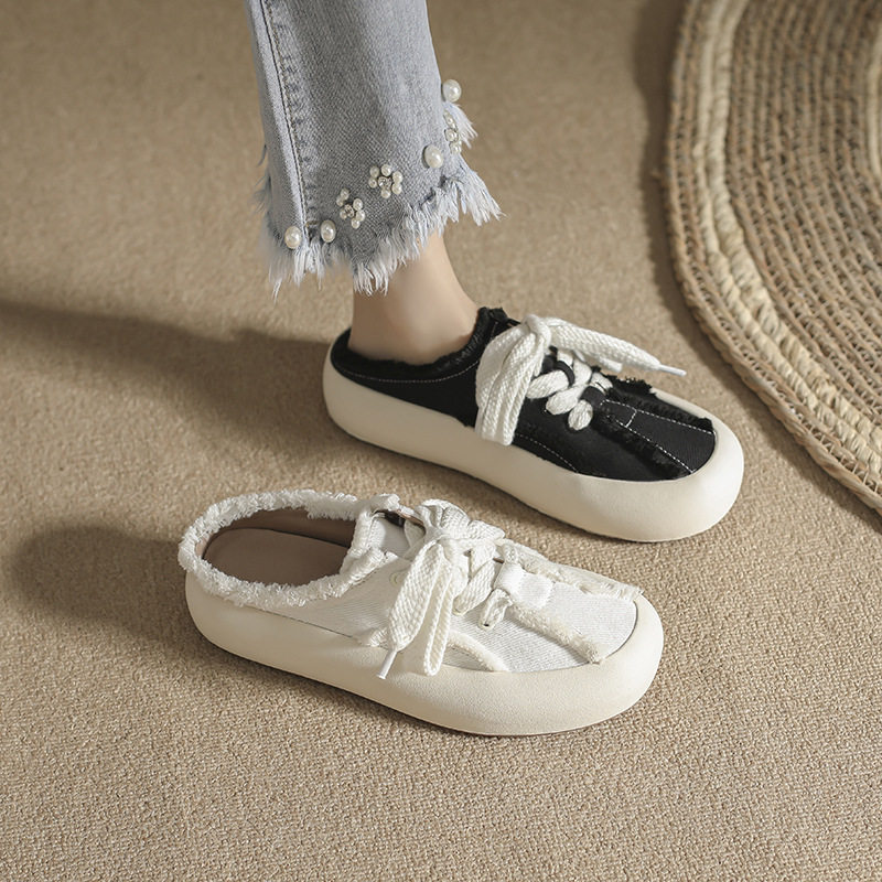 厚底小白鞋一脚蹬帆布鞋大码41-43休闲板鞋女毛边包头半拖小个子,女鞋,休闲板鞋,淘宝优惠券,粉丝福利购,淘宝优惠卷