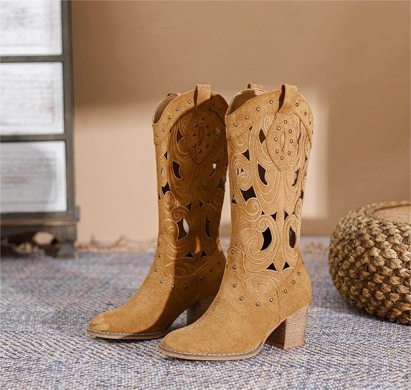 大码女靴40-43镂空复古牛仔中筒靴铆钉复古民族风中筒粗跟西部靴,女鞋,西部靴,淘宝优惠券,粉丝福利购,淘宝优惠卷