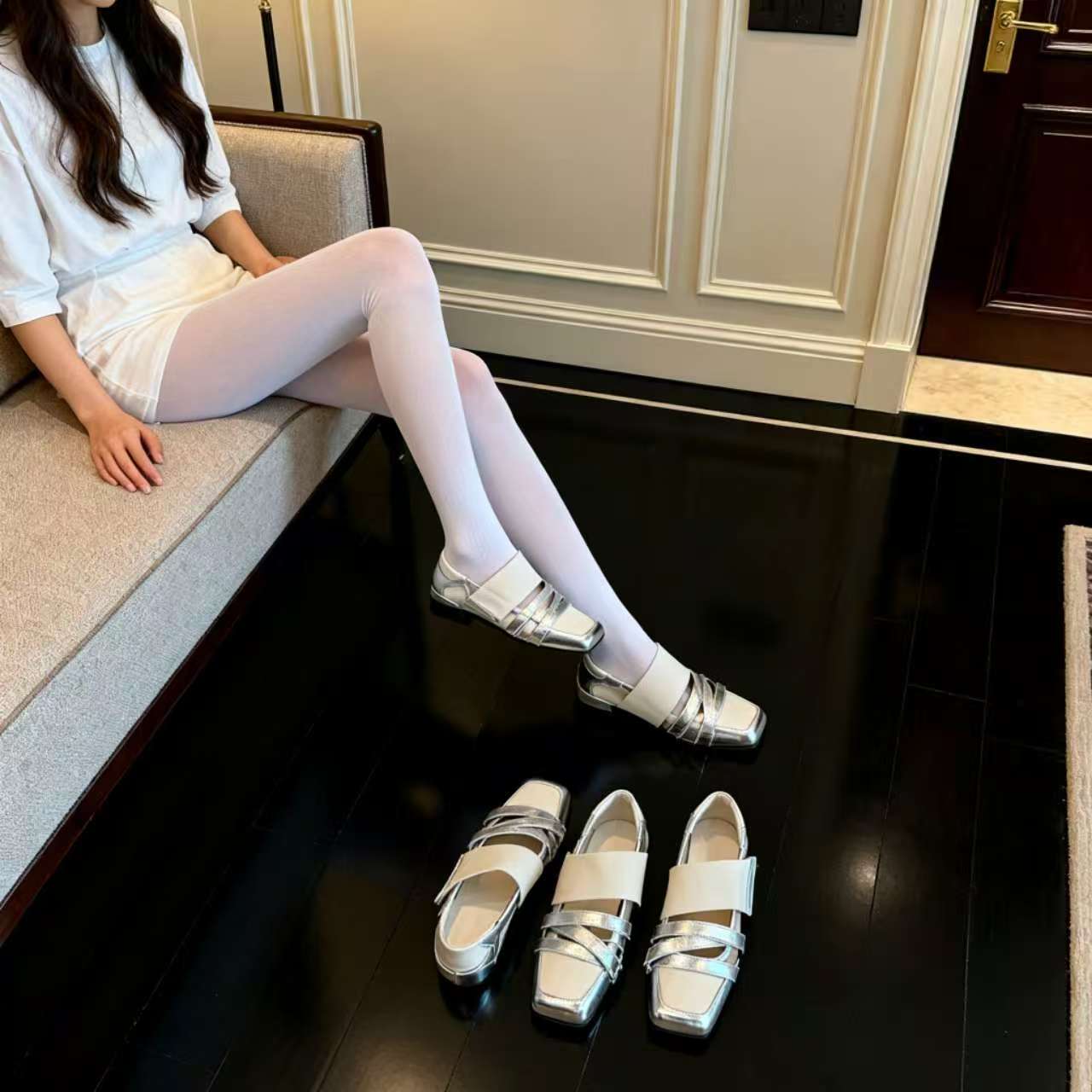 2025新款牛皮拼色方头玛丽珍鞋