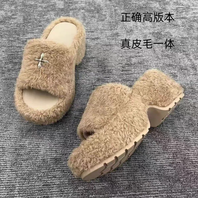 2025新款十字花真皮毛毛拖鞋