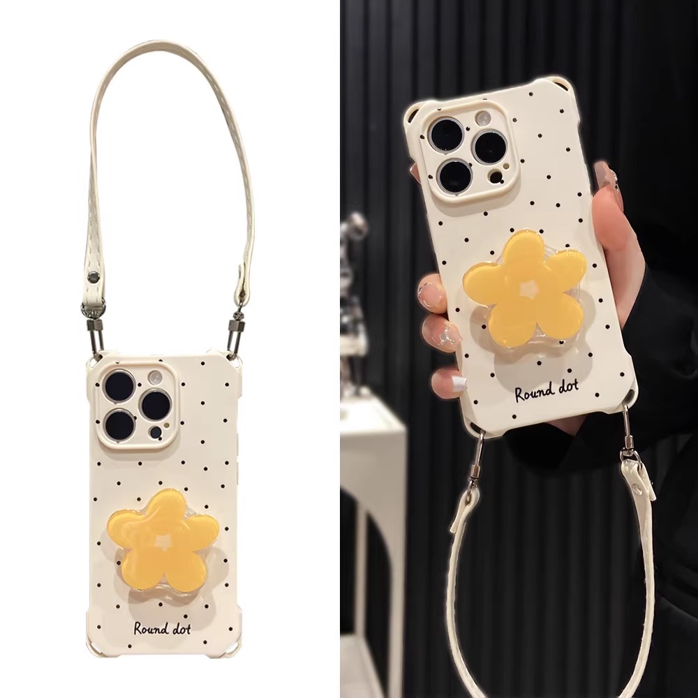 波点花朵支架适用苹果16promax手机壳四角防摔iphone15带挂绳14plus新款小清新13简约全包12高级感11个性xs女