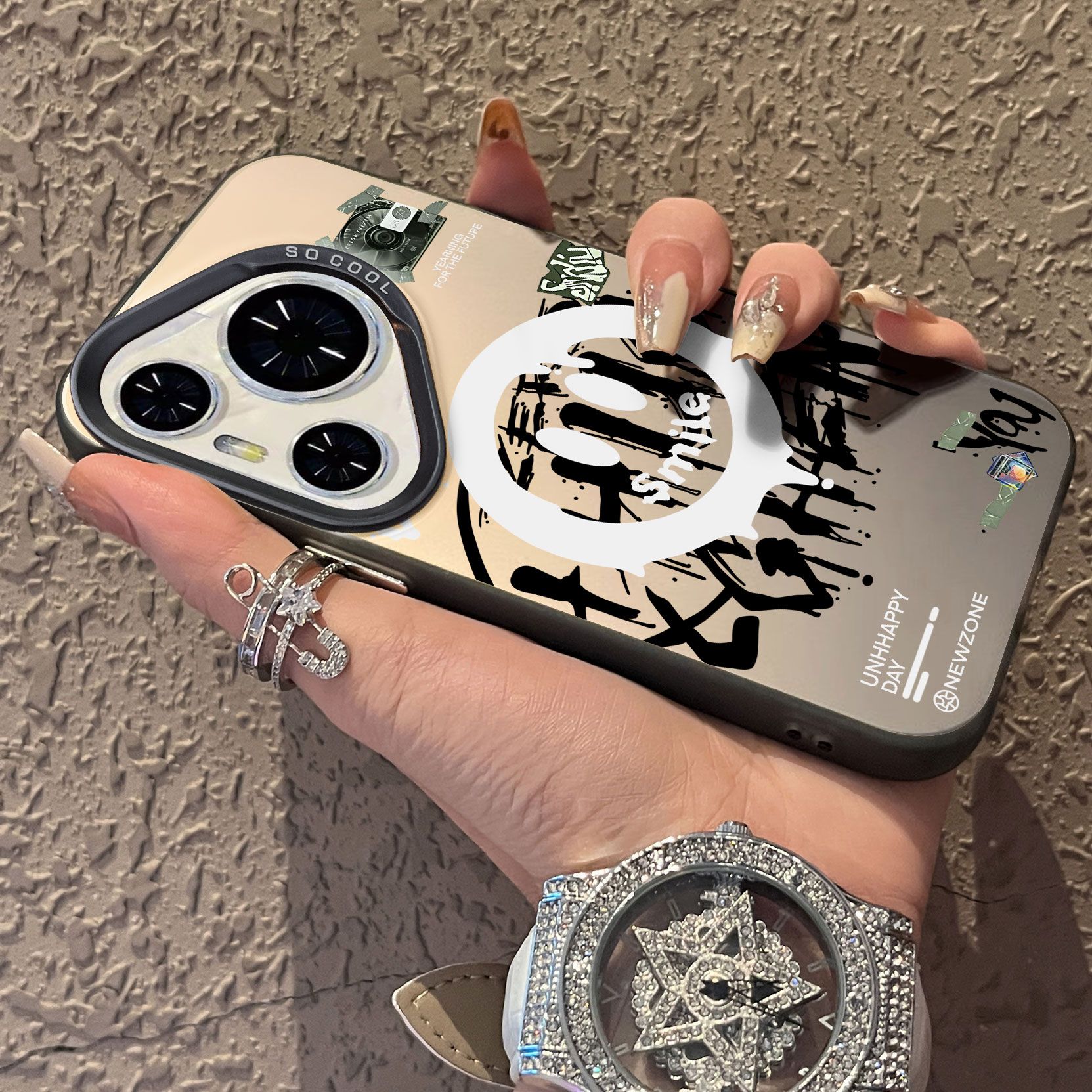 适用于华为pura80pro十手机壳唱片涂鸦微笑支架高级感p60art简约p40+彩银p50e套防摔p30新款男女生p70ultra套