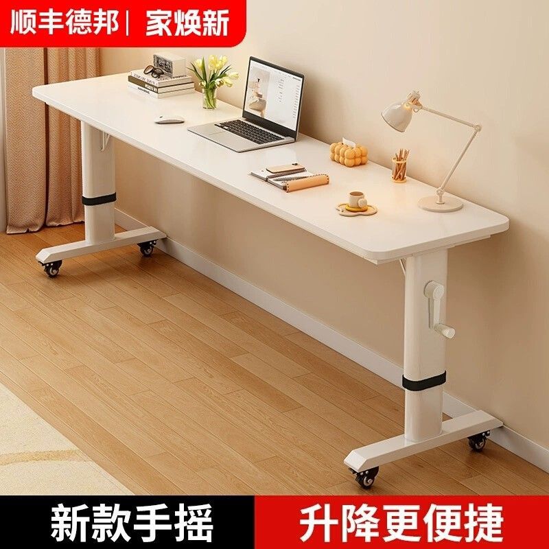 床边桌可移动升降桌家用电脑桌工作台一字长条实木白色书桌跨床桌图片