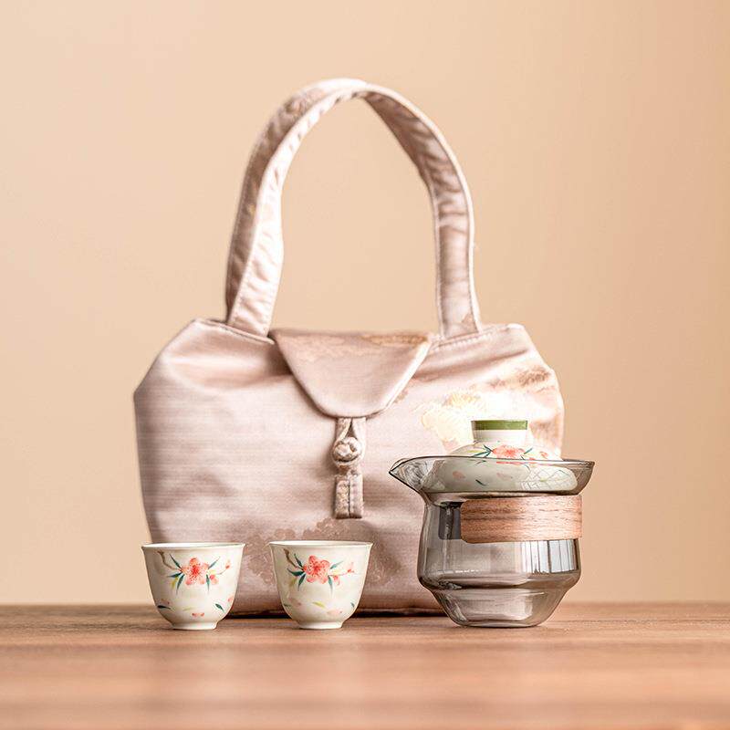 桃花功夫旅行茶具套装户外防烫手泡茶快客杯一壶二杯便携式包