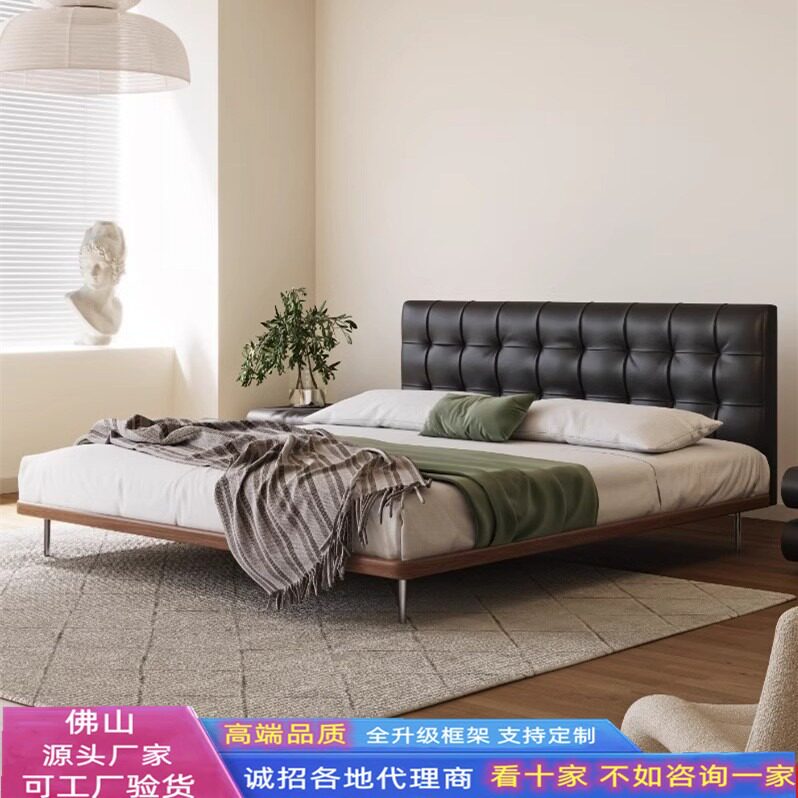 复古真皮床主卧大床头层牛皮中古风实木双人床黑色齐边床意式婚床