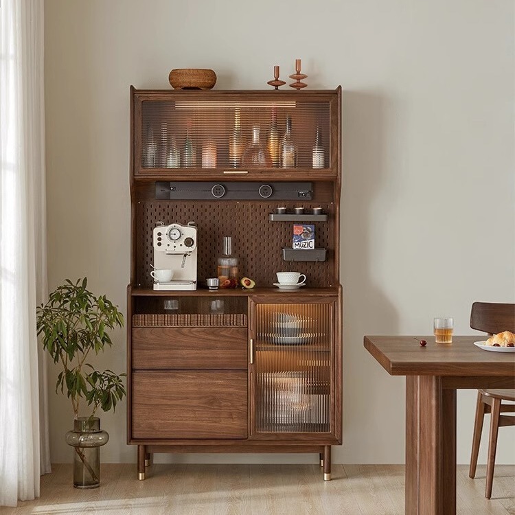 北欧黑胡桃木餐边柜实木轻奢简约复古樱桃木酒柜靠墙储物柜一体柜