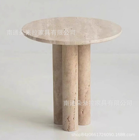 北欧天然洞石圆形边几新款设计师创意沙发家用客厅床头角几小茶几