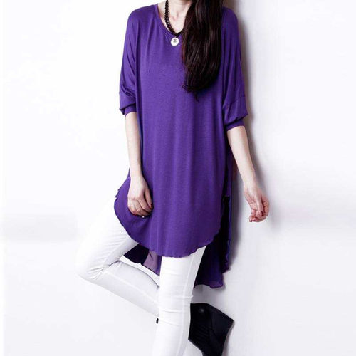 好货T Shirt Fashion Chiffon Patchwork Asymmetric Hem O Neck