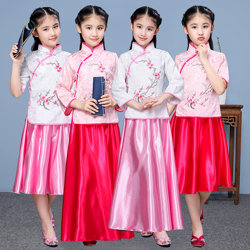 儿童古装汉服民国风女学生服装长袖古筝演出服国乐茶艺表演服送鞋