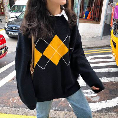 好货Korean College Style Autumn Winter Geometric Pattern Arg
