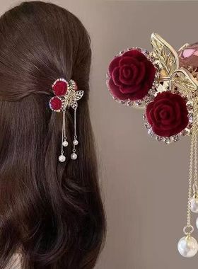 【抢!拍一发二】红色玫瑰植绒樱桃抓夹半扎发高级感鲨鱼夹头饰MC