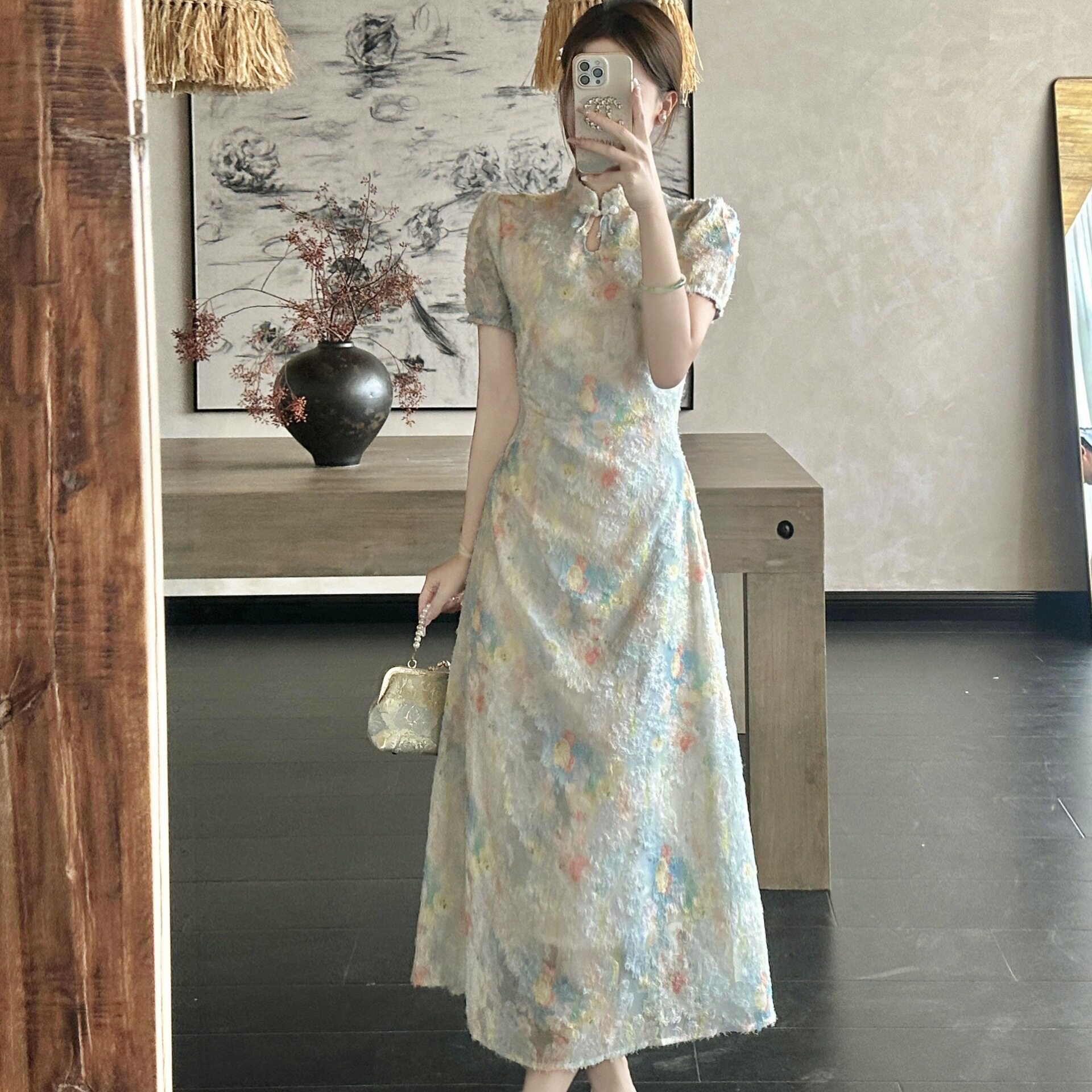 新中式碎花改良旗袍收腰显瘦长裙