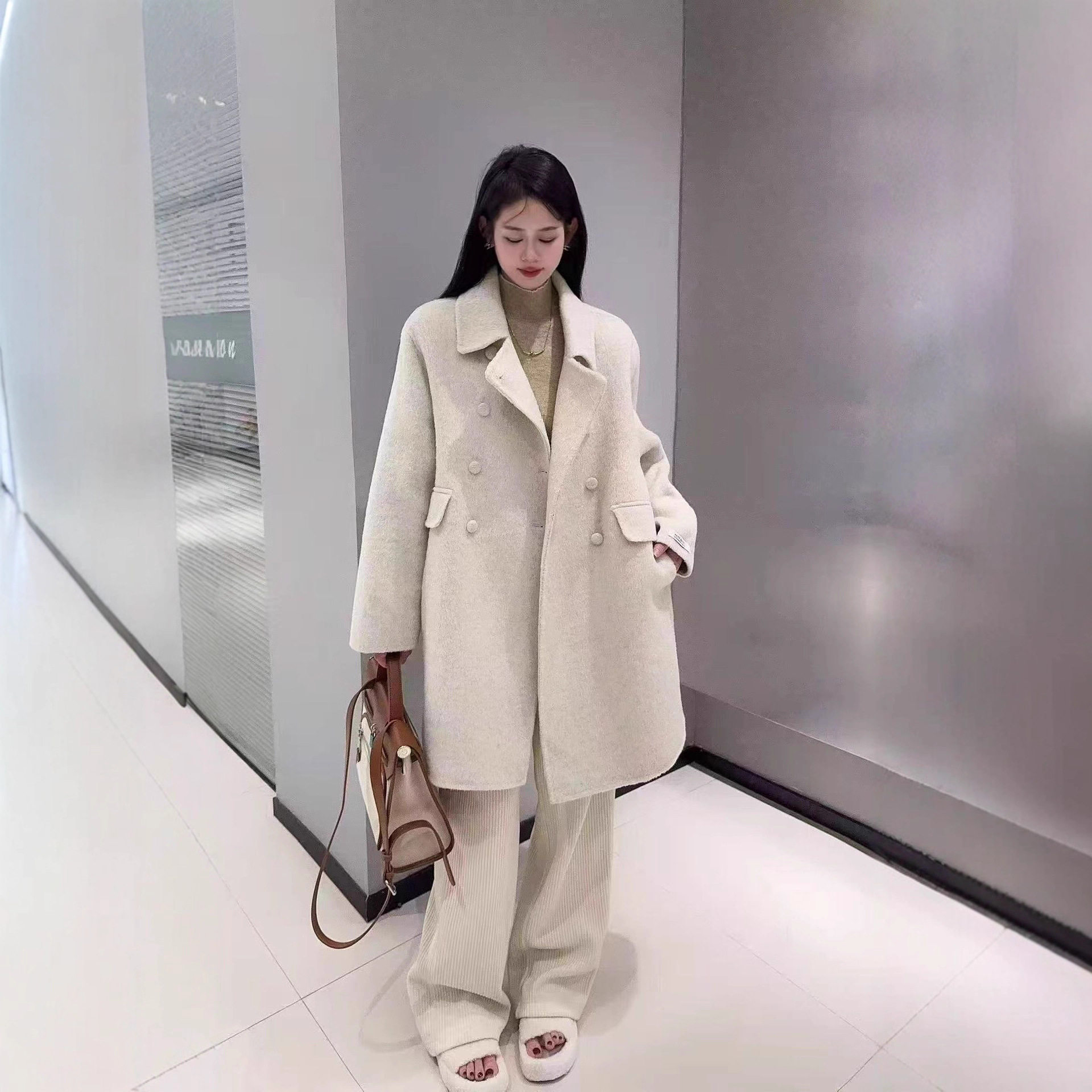 诗美双排扣2025新款韩版大衣女冬季新款小个子中长款呢子加厚