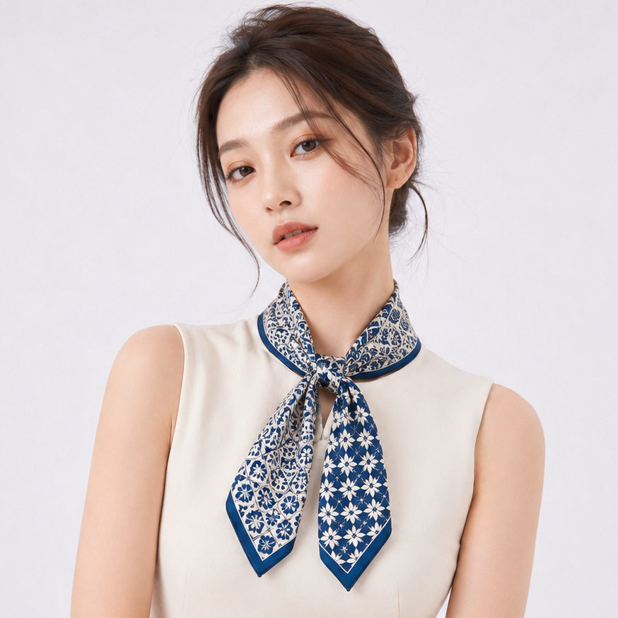 新款真丝小方巾女士百搭时尚花卉印花领巾桑蚕丝围巾气质优雅丝巾