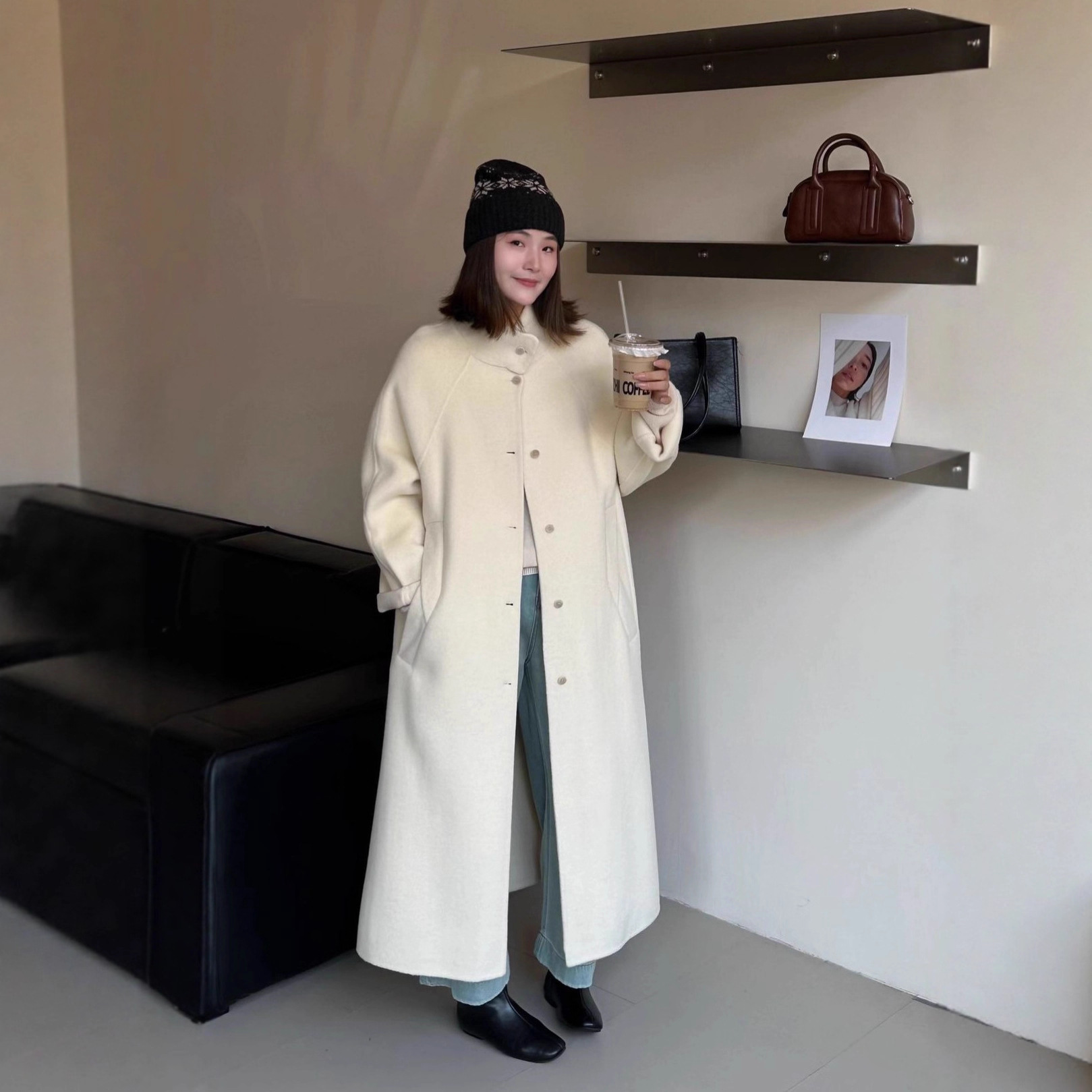 诗美双面羊毛大衣女秋冬韩系慵懒风单排扣立领长款加厚保暖羊毛