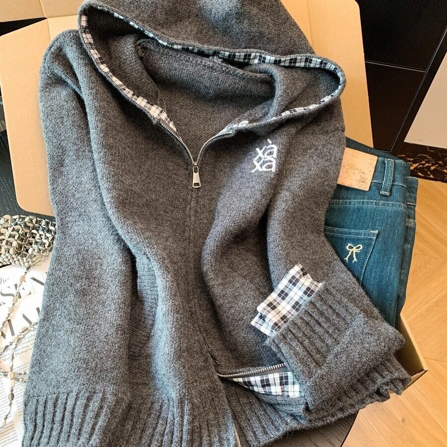 格纹拼接连帽拉链开衫女秋冬加厚拼色学院风宽松假两件针织衫外套