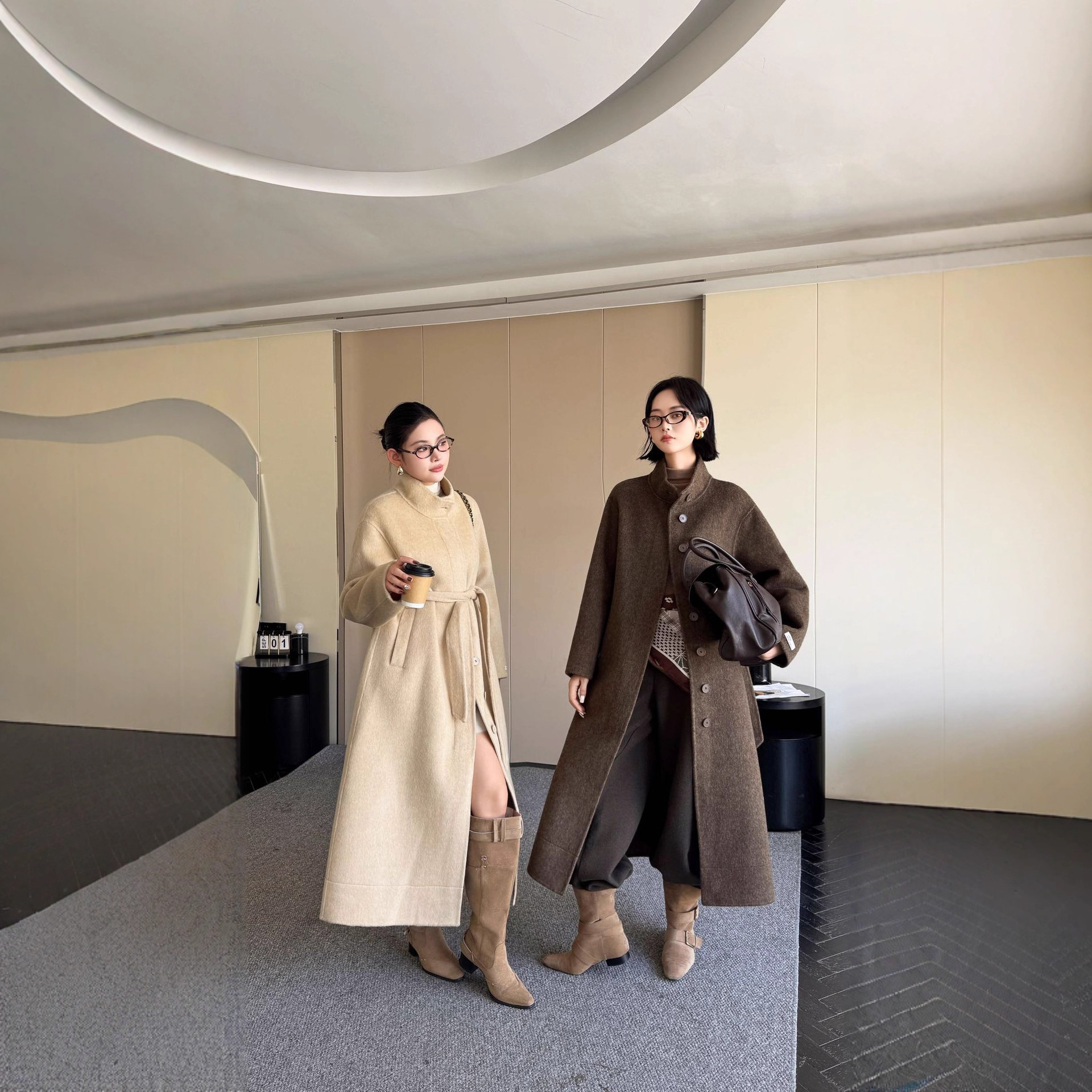 诗美韩系立领双面羊毛大衣女2025新款秋冬单排扣加长款双面羊毛