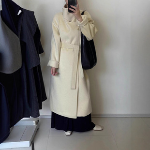 诗美立领系带加厚双面羊毛大衣 长款腰带H版型加厚保暖羊绒毛呢