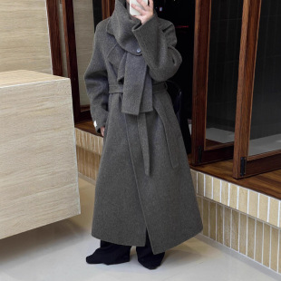 诗美围巾新款简约双面加厚保暖羊毛大衣长款阔版腰带款式羊绒毛