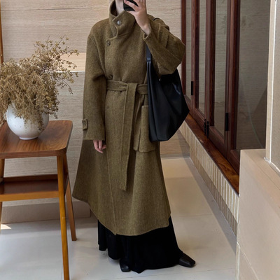 秋冬新款双面羊绒大衣女立领中长款高级感休闲加厚双面羊毛呢