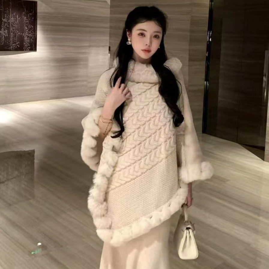 秋冬时尚加大加厚毛领斗篷披肩女