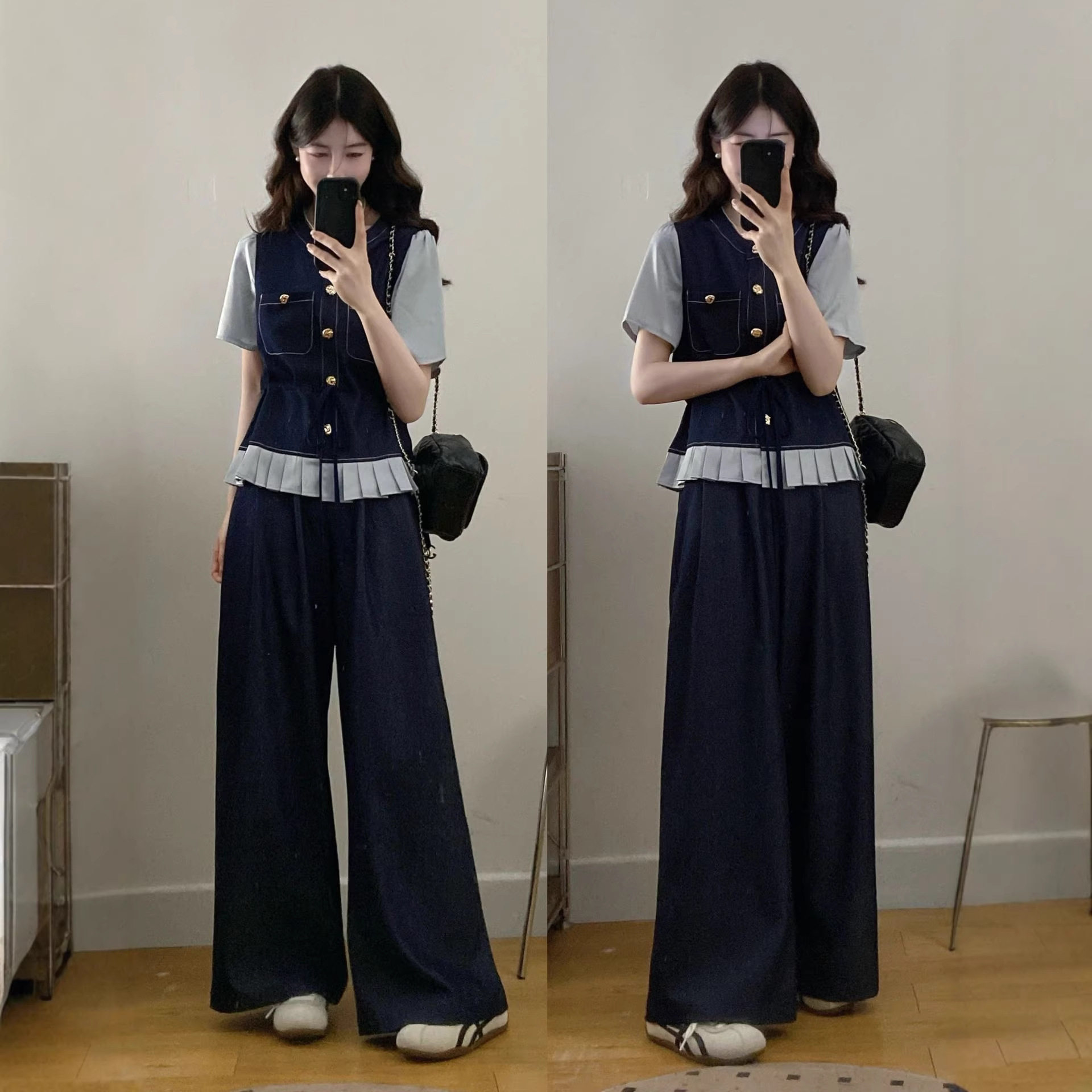 夏季大码显瘦上衣阔腿裤两件套女