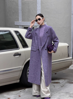 诗美2025新款紫色双面羊毛呢外套英伦风格通勤宽松百搭秋冬外套