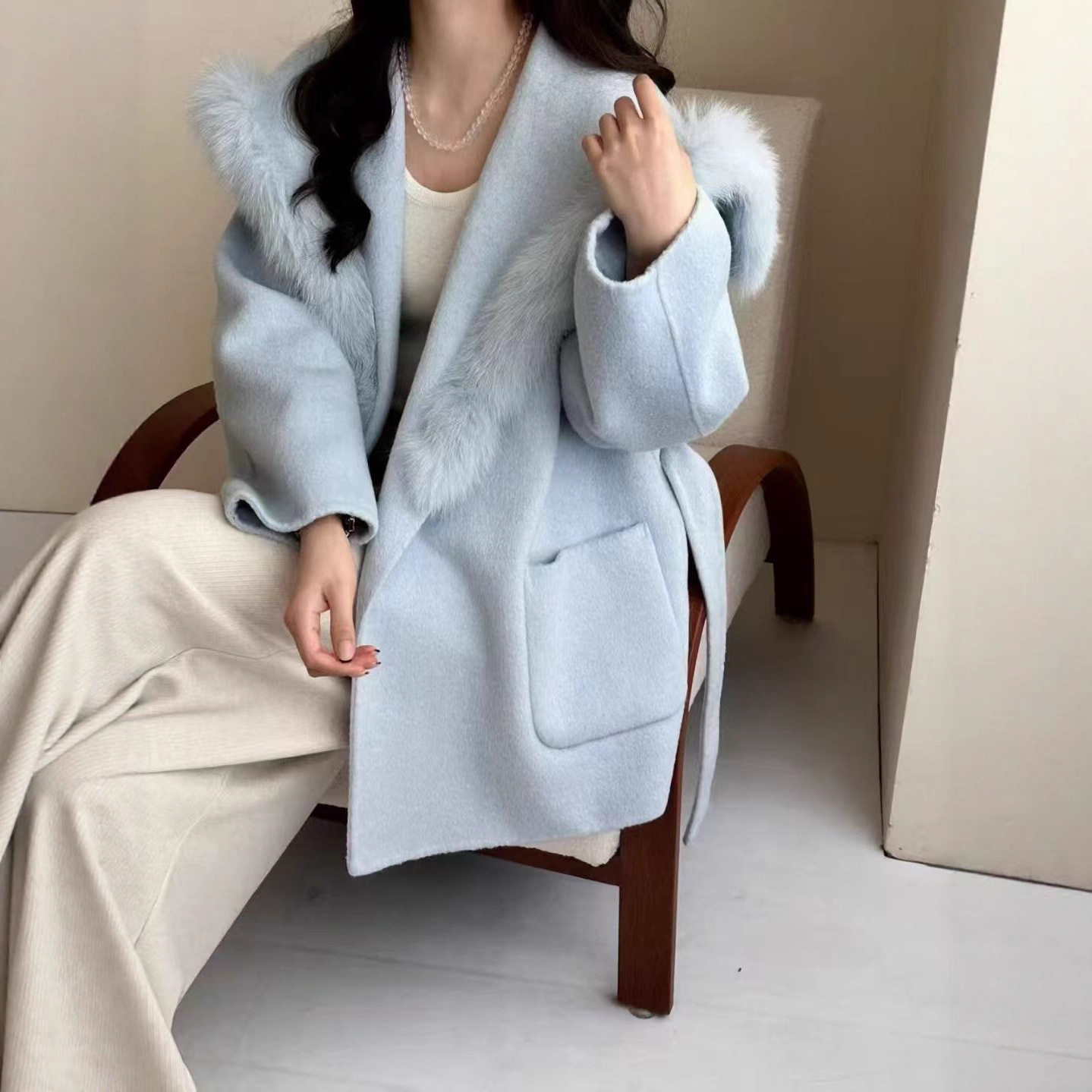 诗美羊毛双面呢子甜美短款大衣秋冬女装小个子气质收腰毛呢外套