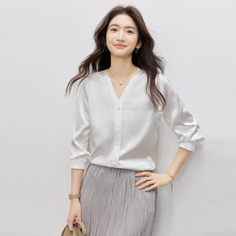 时尚通勤法式V领宽松拼接衬衫女