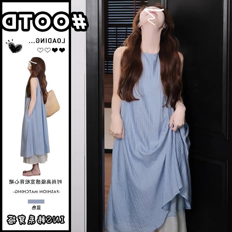 夏季法式条纹假两件显瘦连衣裙女