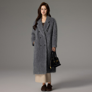 诗美托秋拉绒羊毛羊绒大衣女加长款2025秋冬新款重磅高端拉毛