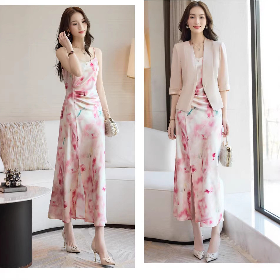 粉色西装外套女夏季新款高级感时尚气质短款七分袖无领西服上衣